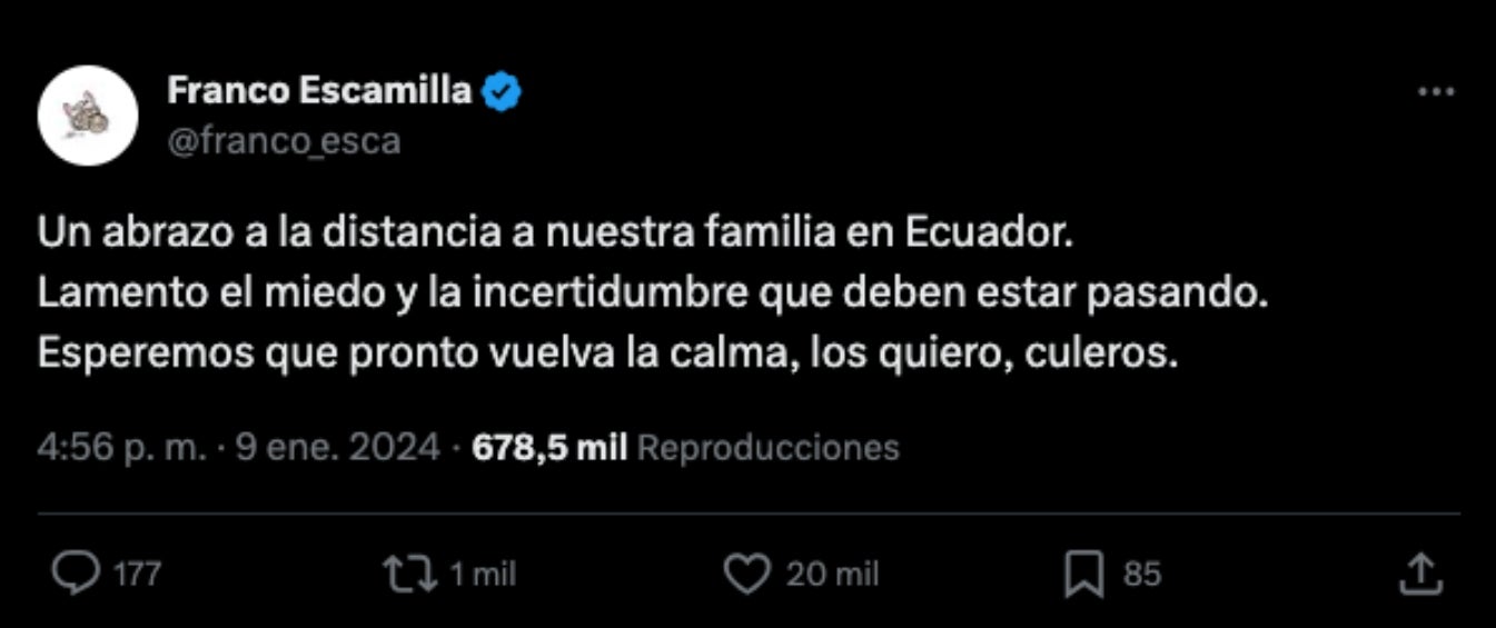 FRanco Escamilla también expresó su apoyo a Ecuador. 