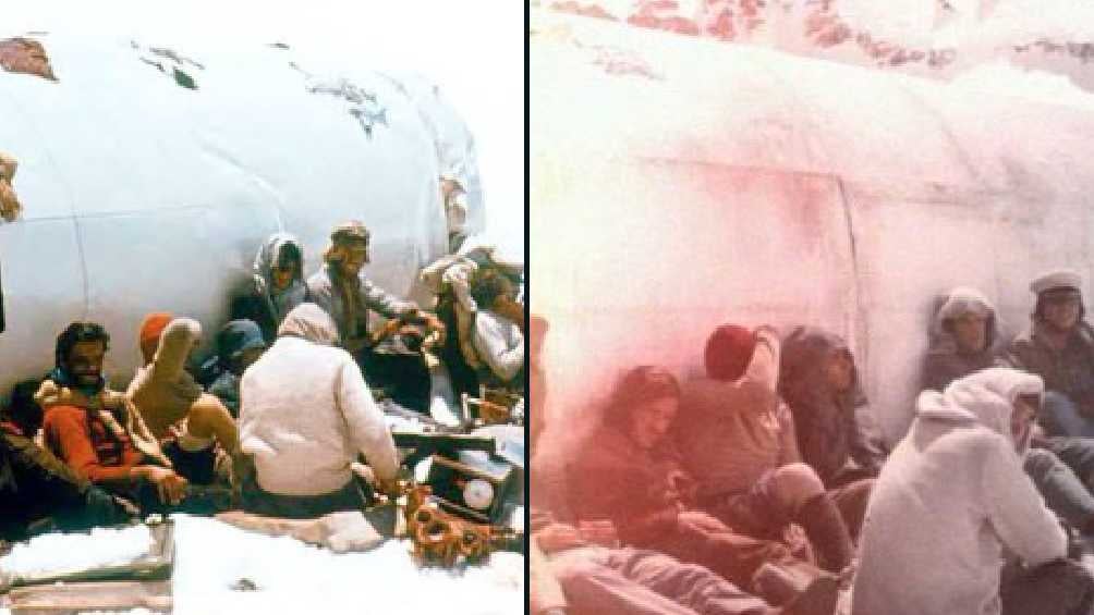 Los sobrevivientes posando al lado del avión accidentado. 