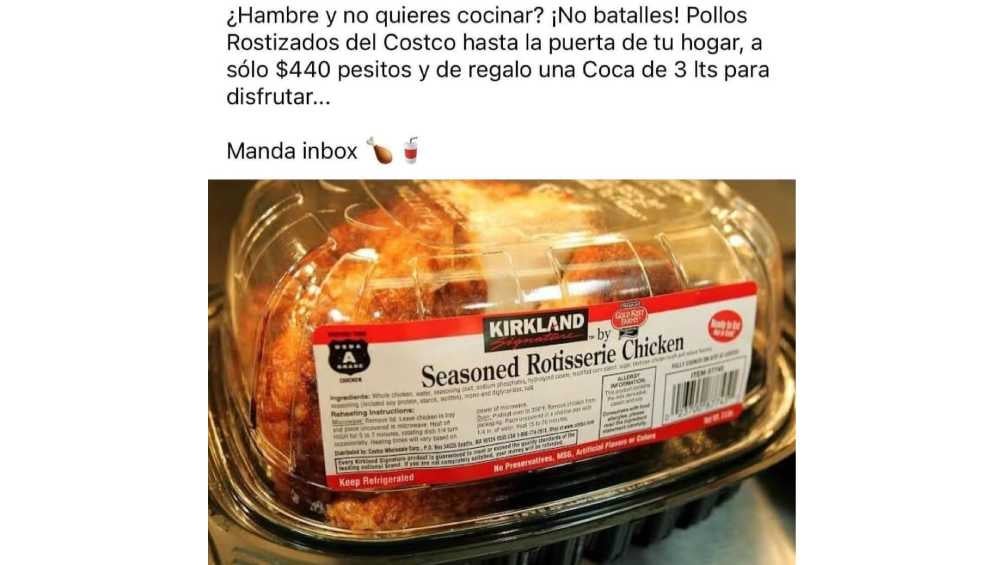 Un usuario de Facebook está revendiendo pollos rostizados con todo y refresco de regalo.