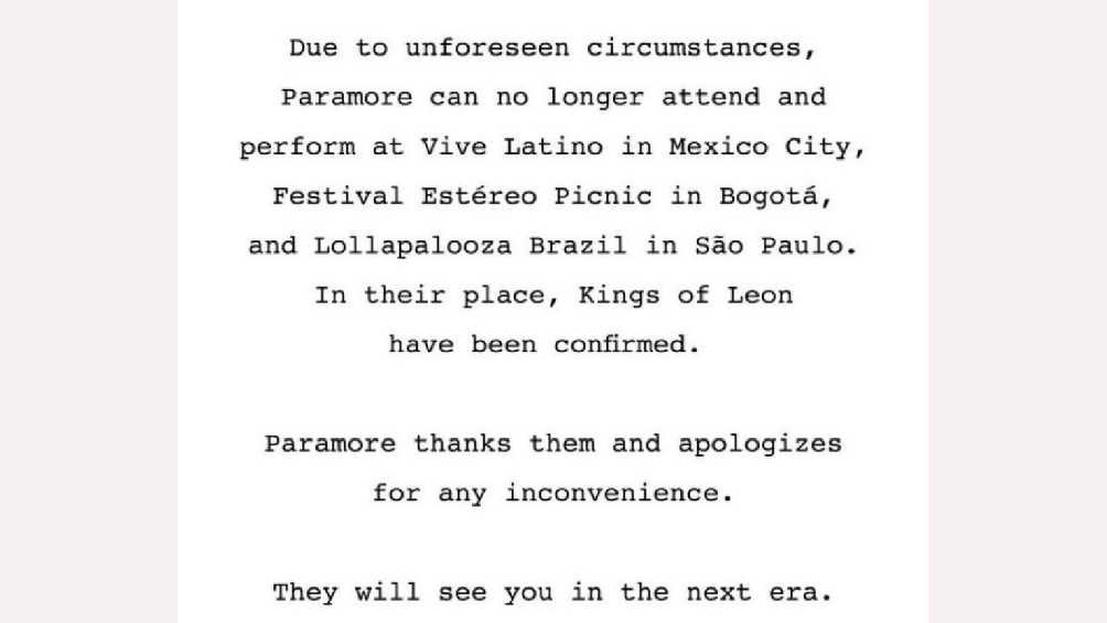 Con un comunicado, Paramore se disculpó con sus seguidores y y hablan de una 'nueva era'. 