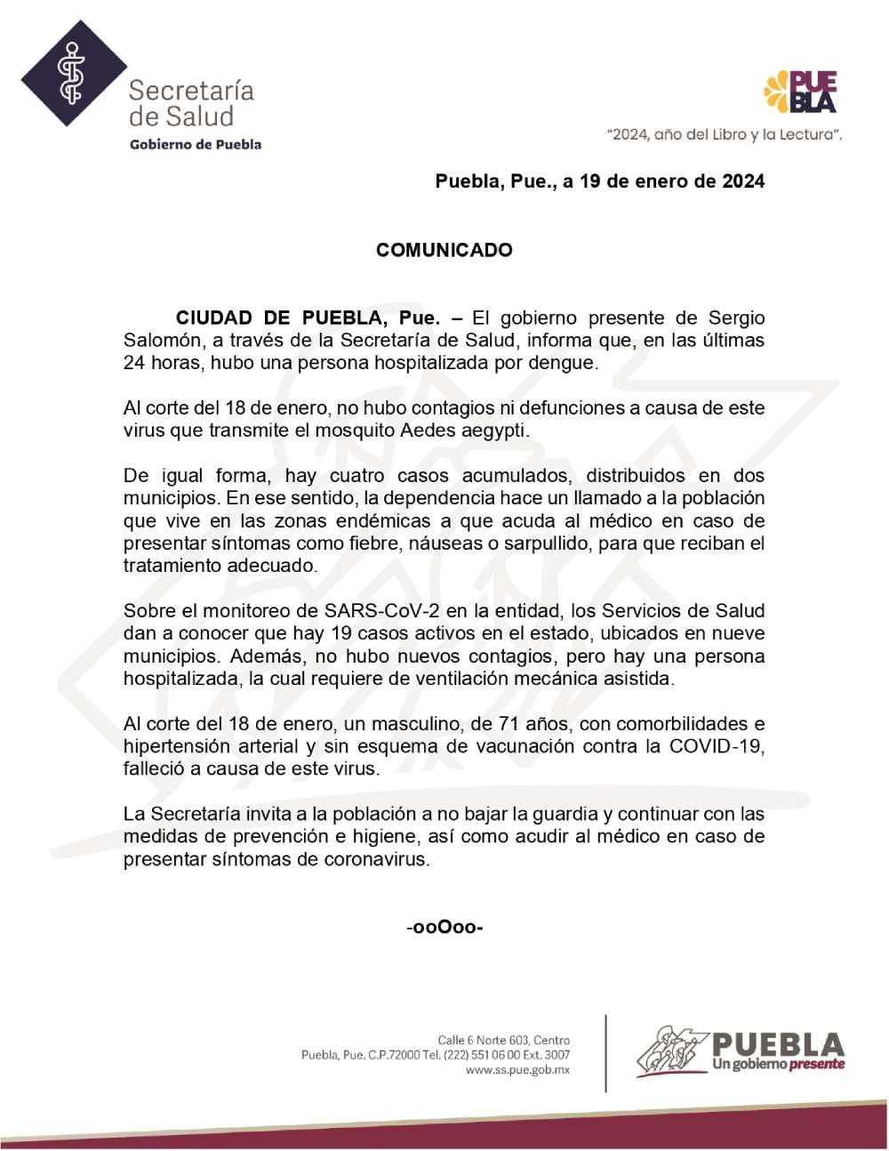 La Secretaría de Salud de Puebla reportó el primer fallecido del año.