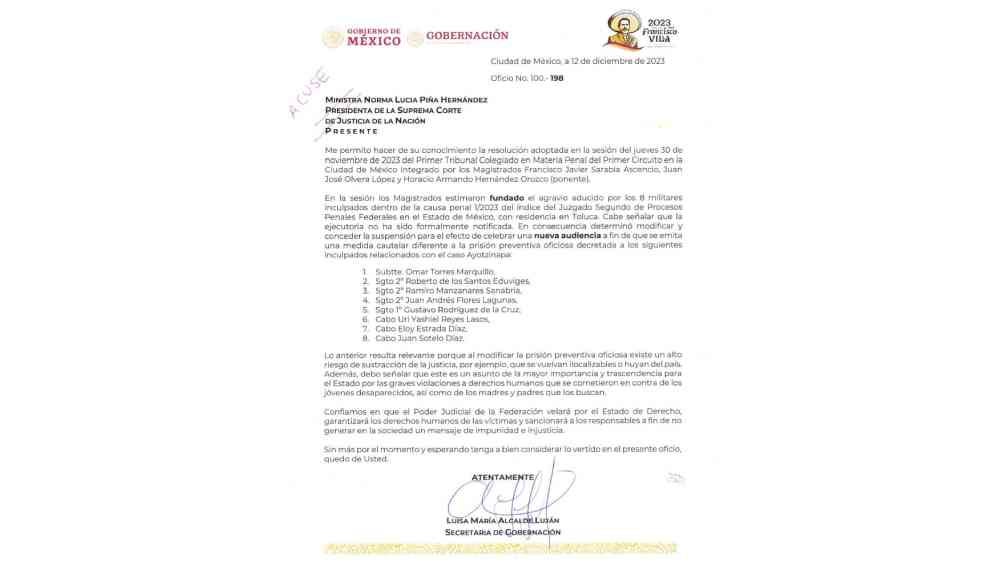 Esta es la carta que le mandó la secretaria de Gobernación a la ministra presidenta. 