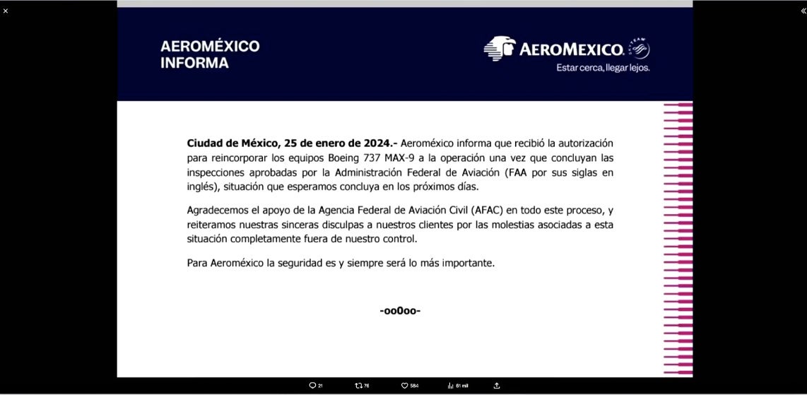 Aeroméxico afirma que sus naves están en inspección para evitar accidentes.