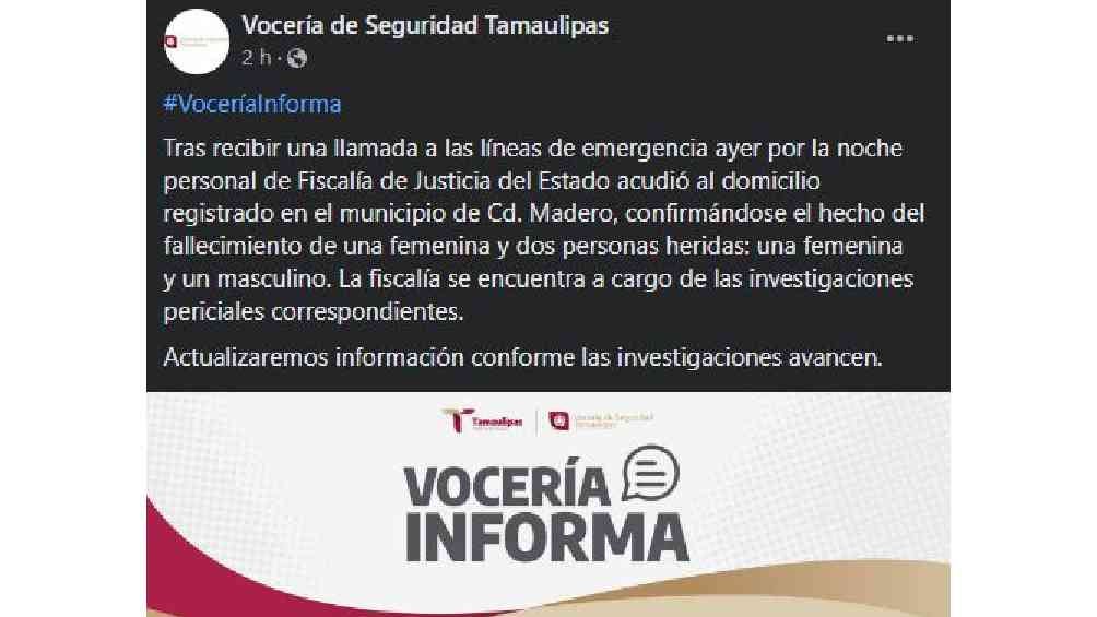 Las autoridades locales confirmaron la muerte de una femenina, así como dos personas heridas. 