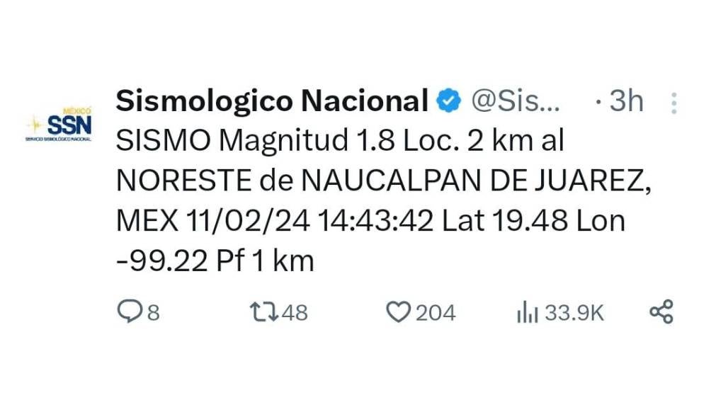 Sismológico Nacional reporta la magnitud y el epicentro 