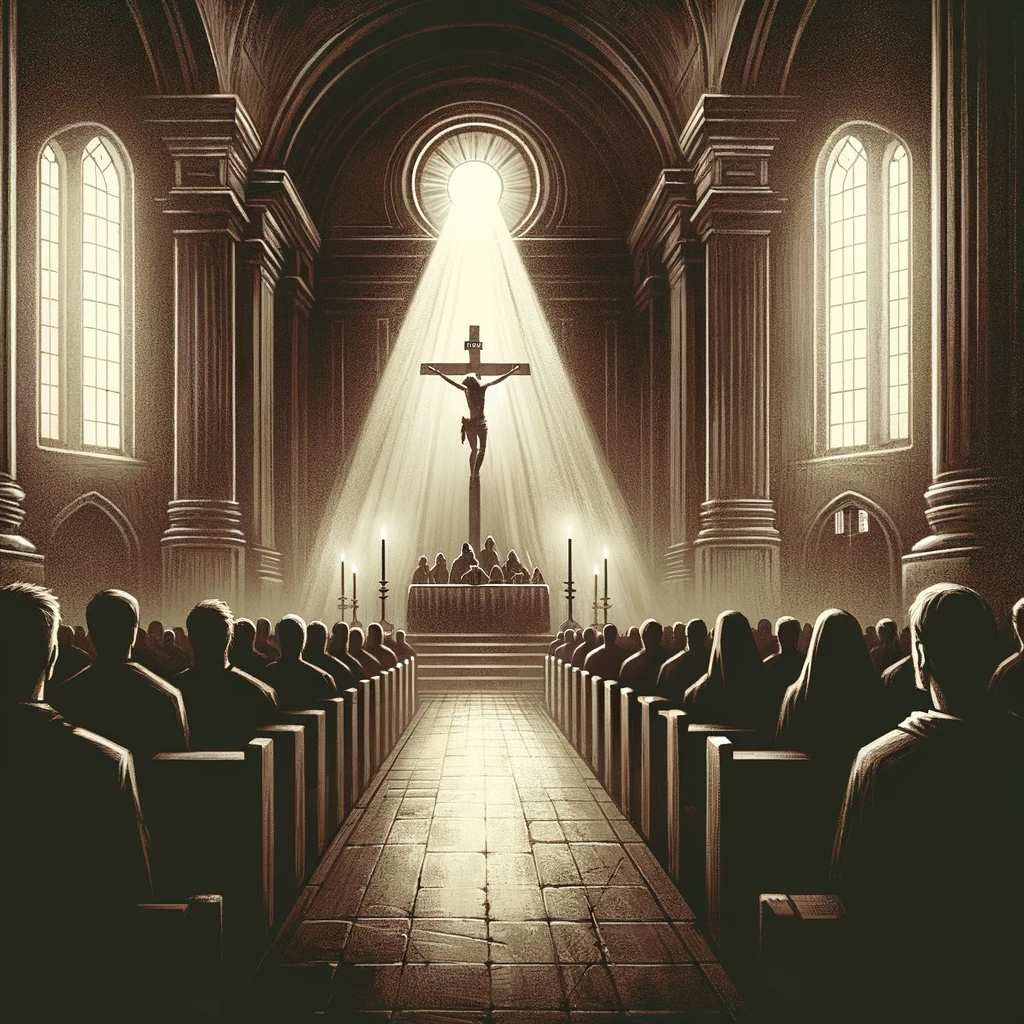 Una ilustración sombría del interior de una iglesia durante un servicio de Viernes Santo.