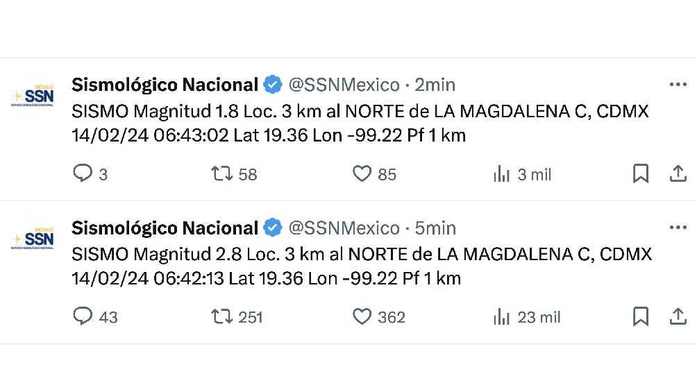 El Sismológico reportó que ambos microsismos tuvieron su epicentro en la Magdalena Contreras. 