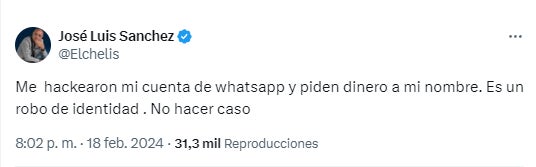 El Chelís avisó a sus seguidores que había sido hackeado