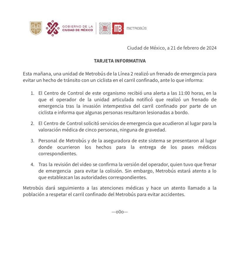 El Metrobús explicó las causas del accidente de hoy por la mañana.