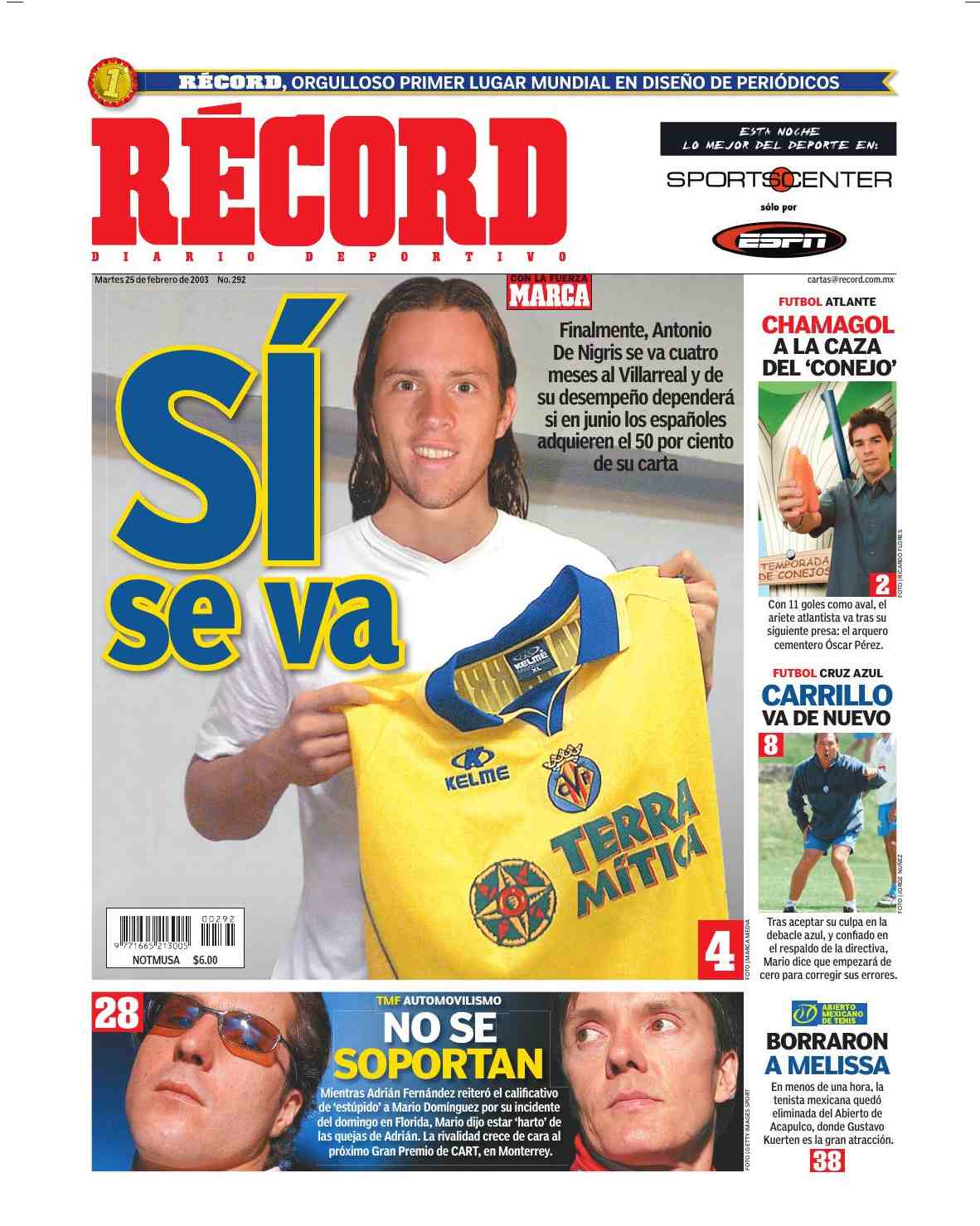 Portada RÉCORD 25 de febrero del 2003