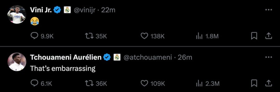 Tweets de Vinicius Jr. y Aurelien Tchouameni