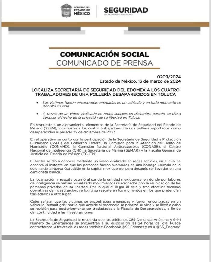 Las autoridades dieron a conocer los hechos mediante un comunicado.