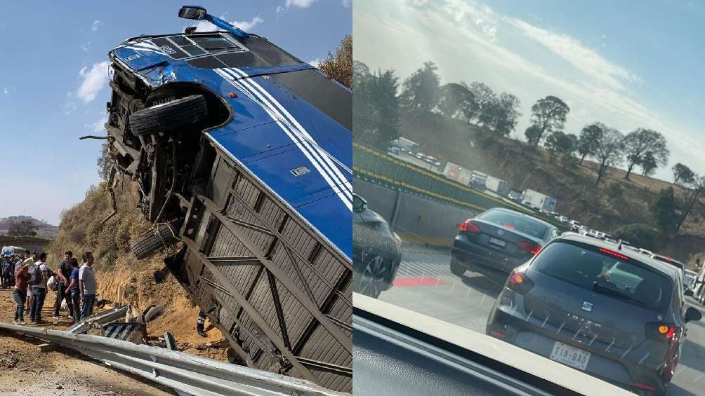 Carretera México-Puebla: Colapsada y con largas filas de automovilistas detenidos por volcadura de autobús