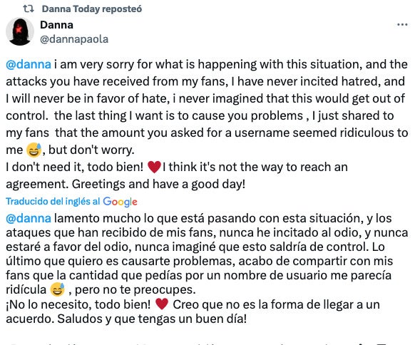 Danna Paola terminó por responderle de nuevo a la usuaria de X.