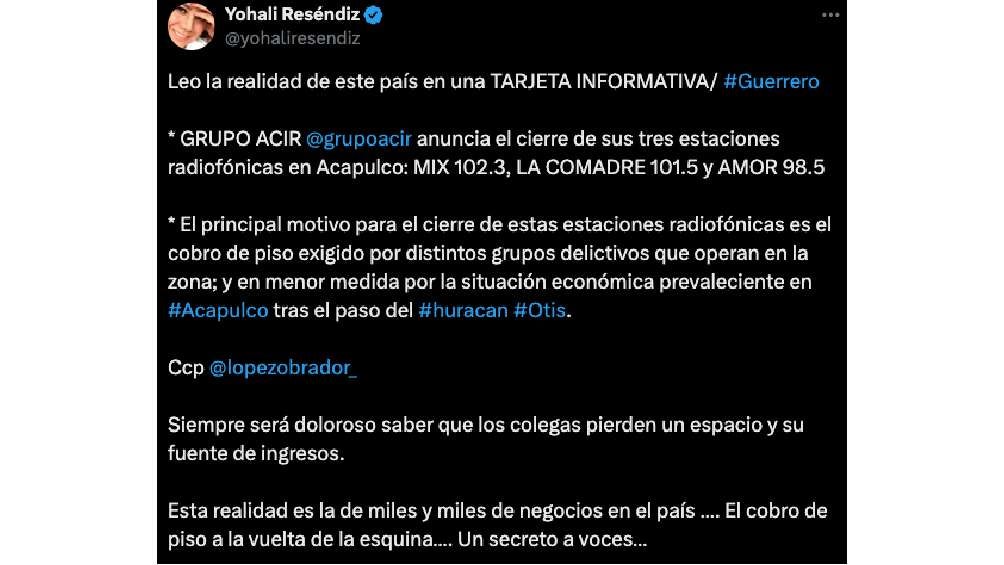 La periodista Yohali Reséndiz aseguró que el motivo del cobro fue el cobro de derecho de piso. 