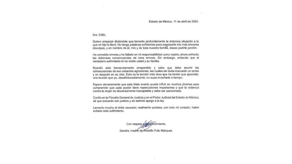 Esta es la carta que publicó la mamá del Fofo para disculparse con la víctima. 