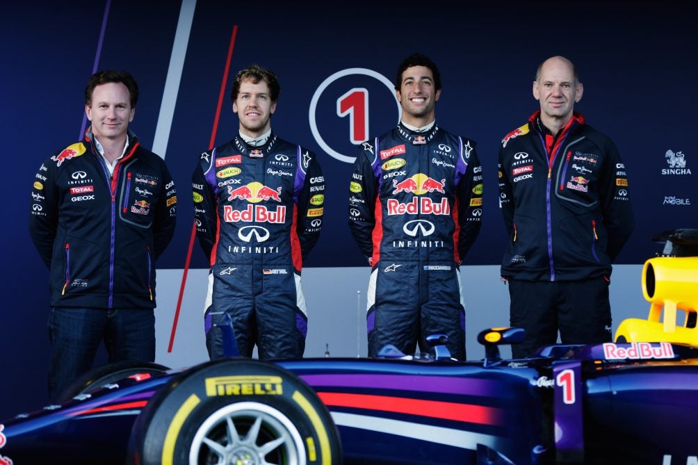 Horner, Vettel, Ricciardo y Newey en 2014