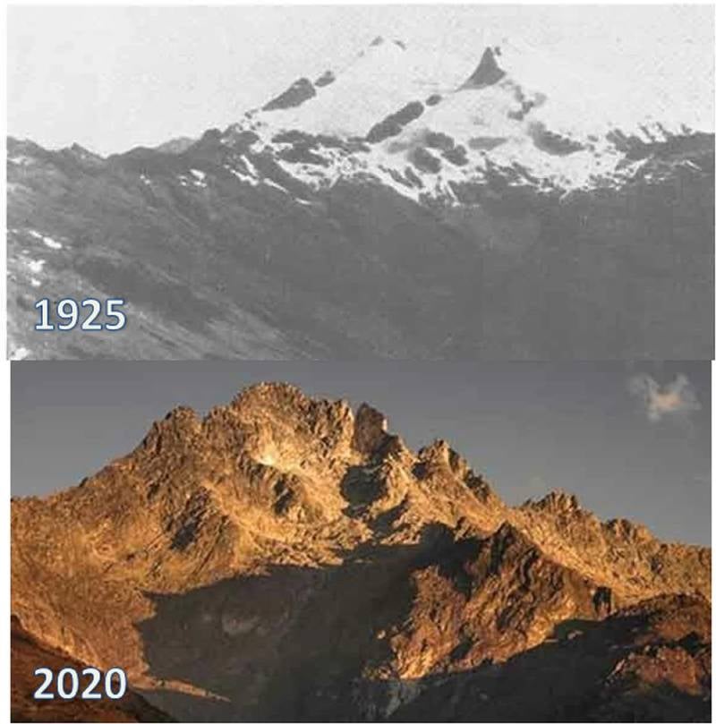 Comparativa del último siglo en el Glaciar La Corona, que hace tan solo unas décadas cubría los picos Humboldt y Bonpland