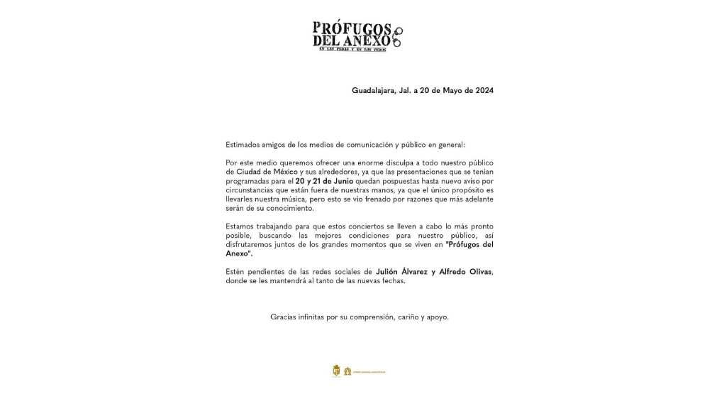 La gira de ambos cantantes lanzó un comunicado para dar a conocer la mala noticia. 