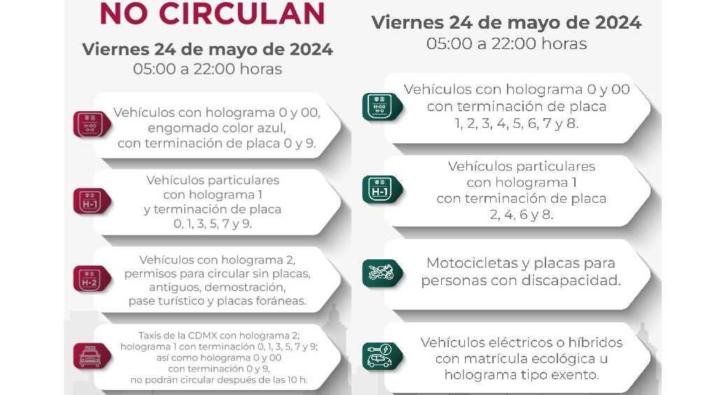 Estas son las restricciones vehiculares para este viernes 24 de mayo de 2024. 