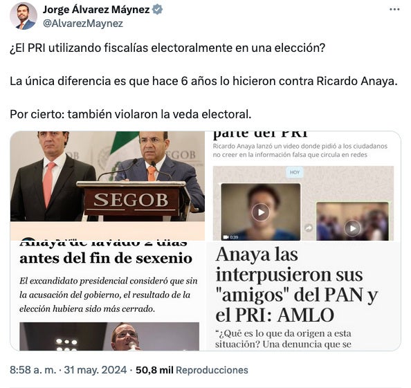 Jorge Álvarez Máynez reconoce que violó la veda electoral.