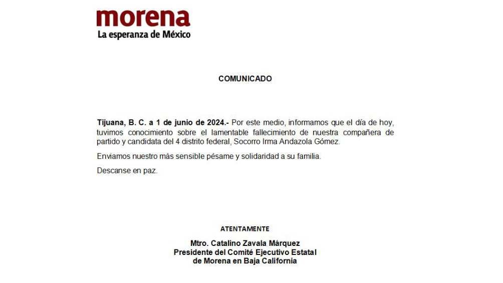 La dirigencia estatal de Morena informó de la muerte de la candidata hasta el 1 de junio. 