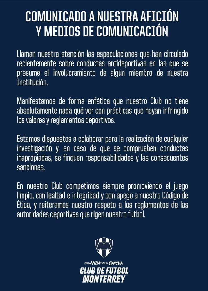 Así fue el comunicado del equipo regiomontano 