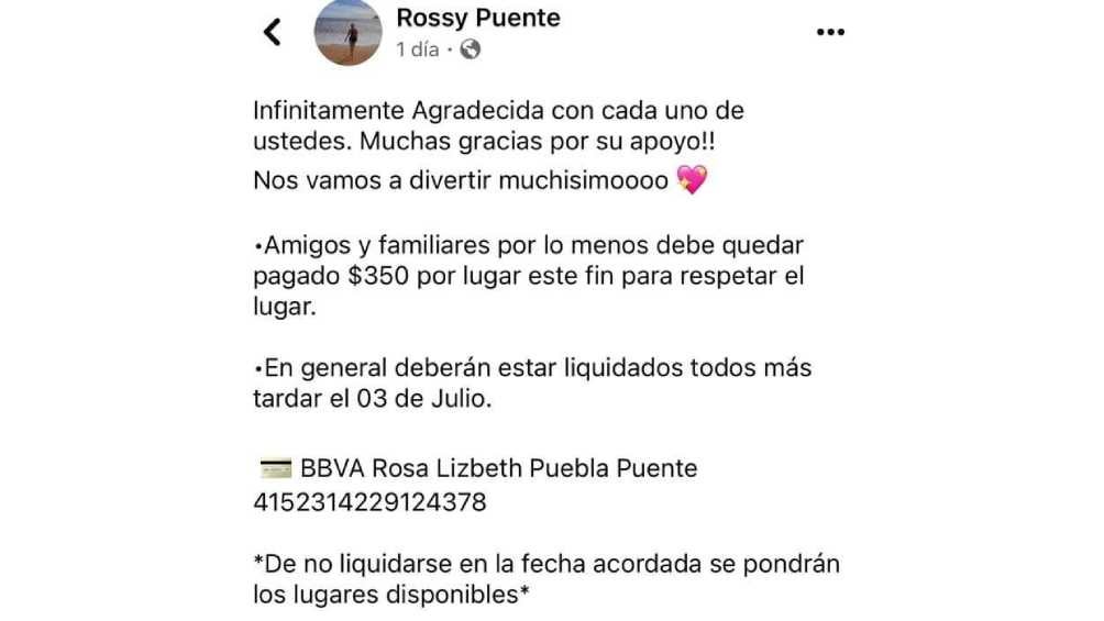 Para apartar un lugar en el evento la mujer solicitó un depósito de $350 pesos. 