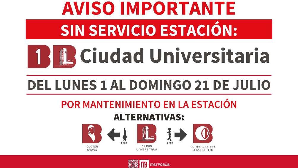La estación Ciudad Universitaria permanecerá cerrada del 1 al 21 de julio. 