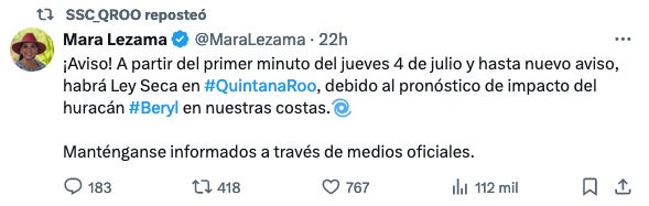 La gobernadora anuncia la aplicación de la Ley Seca en todo el estado.