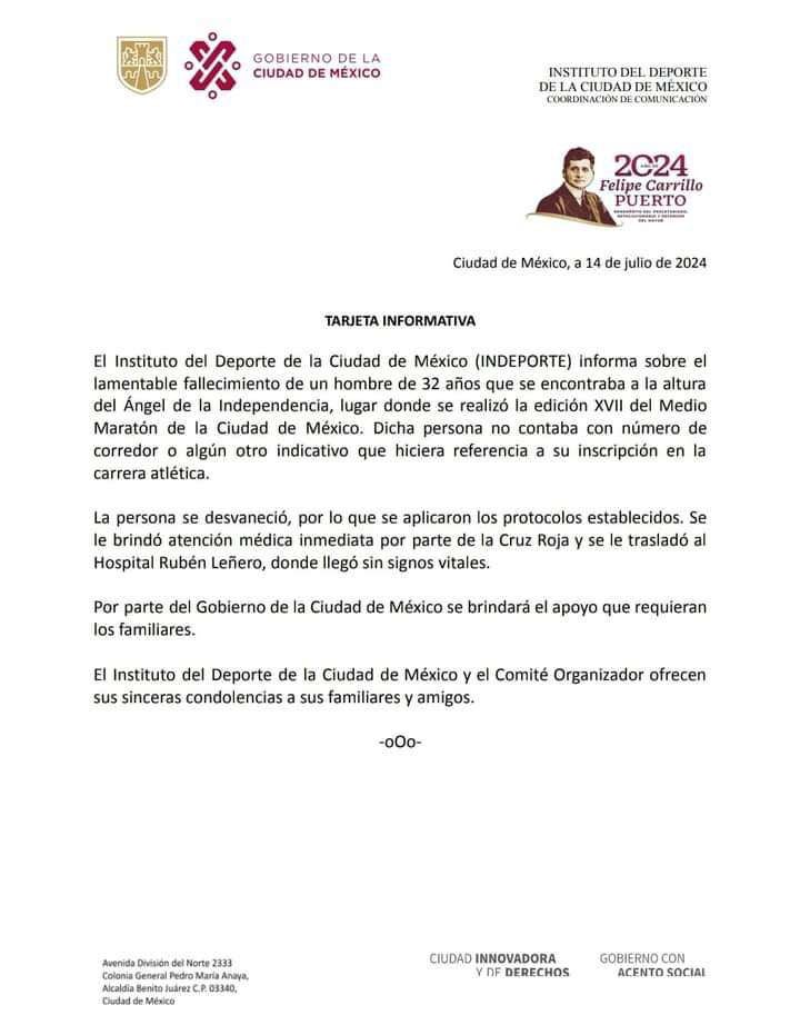 Este fue el comunicado del instituto del deporte