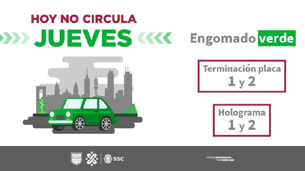 Autos engomado verde, terminación de placas y holograma 1 y 2 no circulan los jueves. 