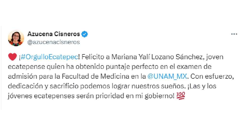 Azucena Cisneros, presidenta municipal de Ecatepec, felicitó a la joven. 