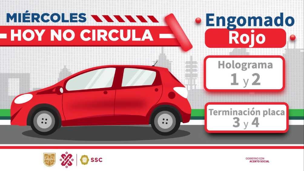 Autos engomado rojo, terminación de placas 3 y 4, con holograma 1 y 2, no circulan los miércoles. 