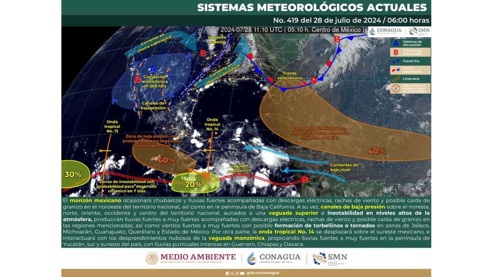 El monzón mexicano seguirá provocando precipitaciones en el país. 