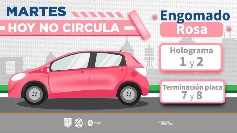 Autos engomado rosa, holograma 1 y 2, con terminación de placas 7 y 8 no circulan.