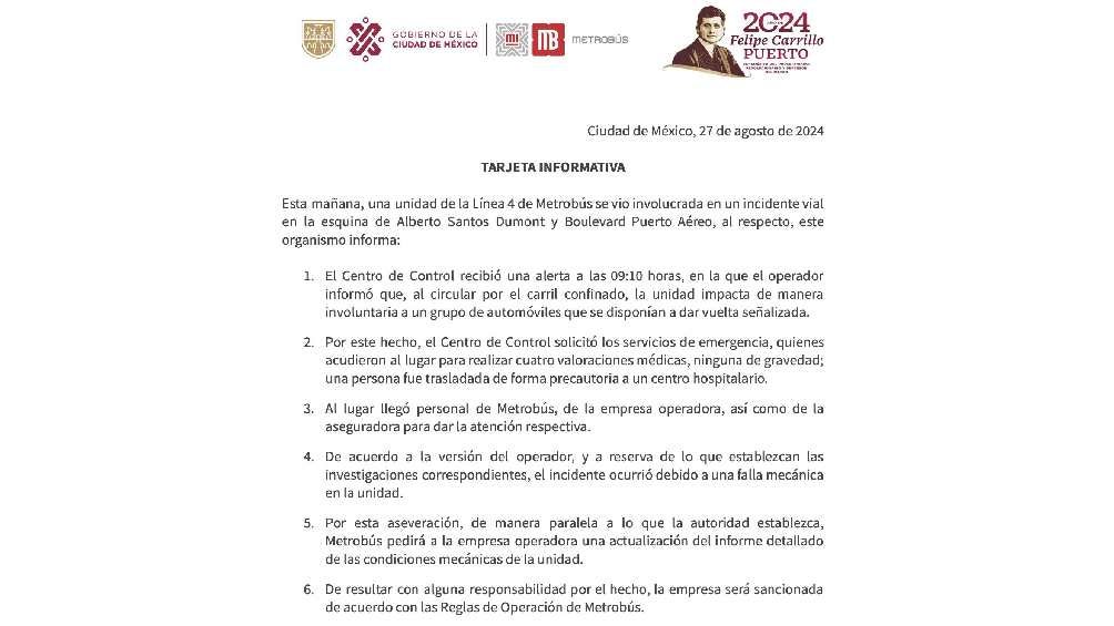 El Metrobús confirmó que se hará una investigación sobre el accidente. 