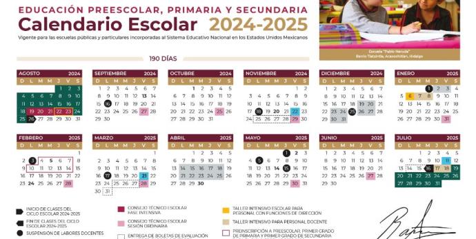 Calendario oficial de la Secretaria de Educación Pública, con los días que alumnos descansan y asisten a las aulas. 