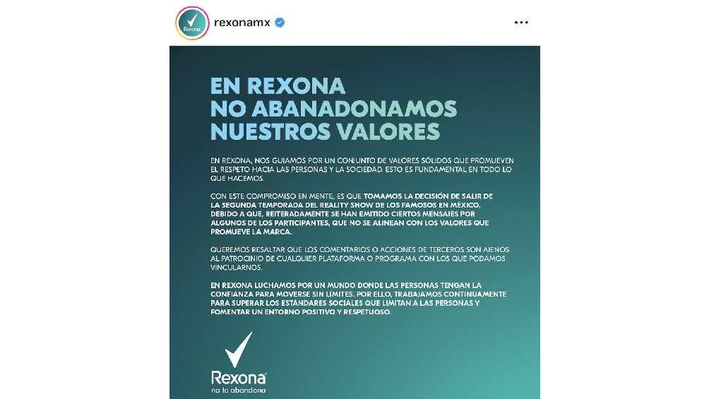 Rexona fue la primera marca en deslindarse del reality show. 