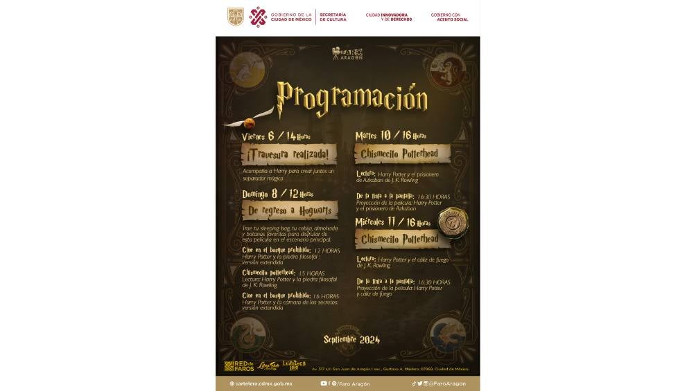 Lista de actividades que se realizarán en el Faro Aragón con temática de Harry Potter. 