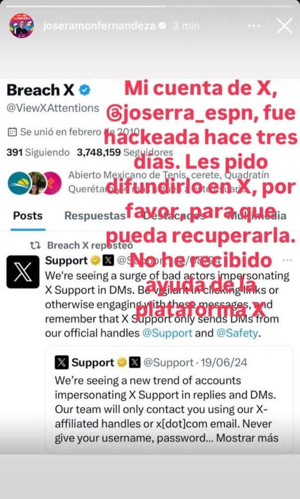 Anuncio del hackeo de la cuenta de Joserra