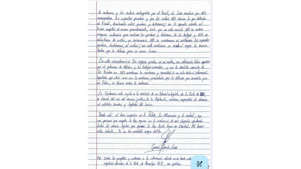 El exfuncionario escribió una carta desde la cárcel en la que está en NY. 