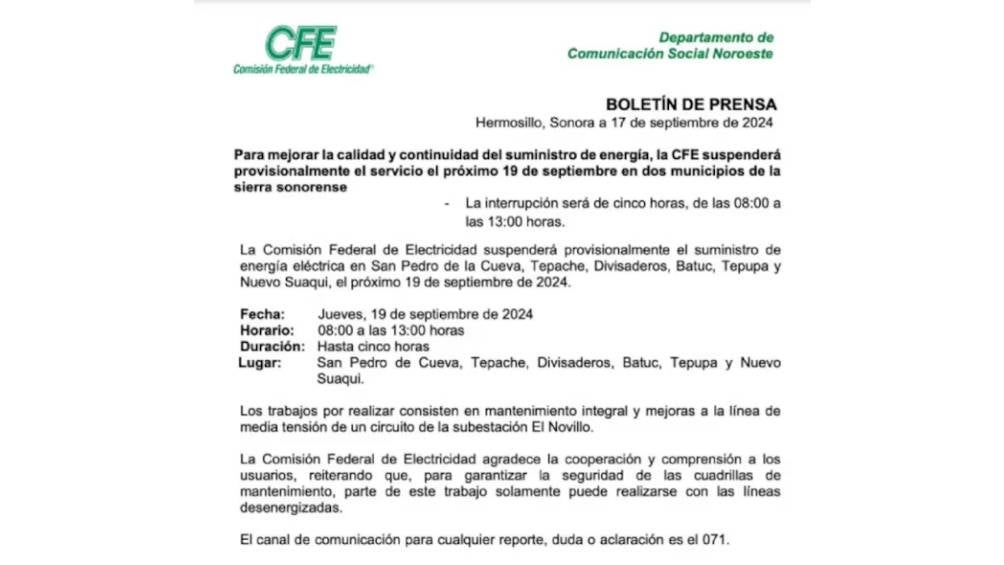 La CFE emitió un comunicado de los municipios que se verán afectados por el apagón en Sonora. 