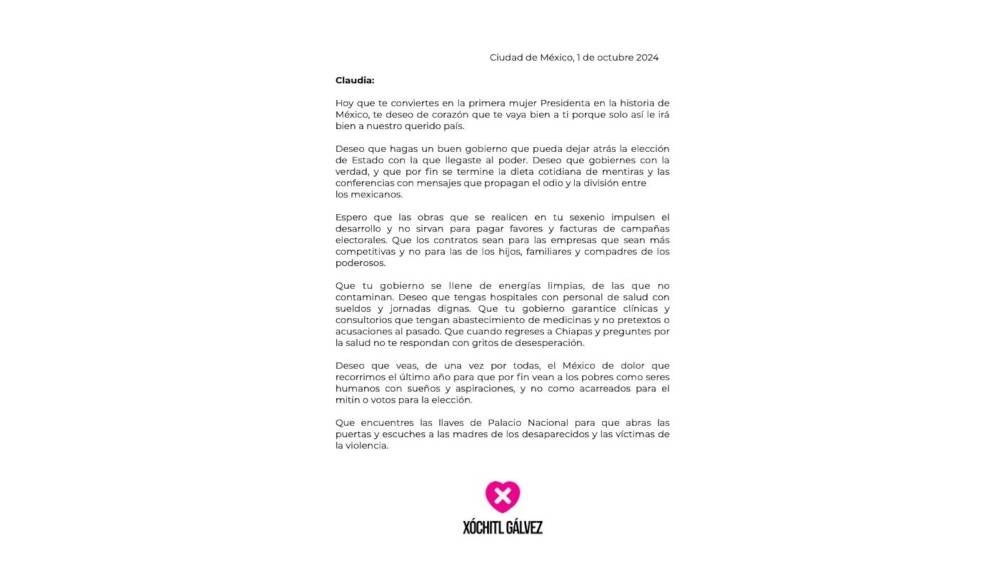 Minutos antes de la investidura de Claudia,  Xochit compartió una carta mediante sus redes sociales. 