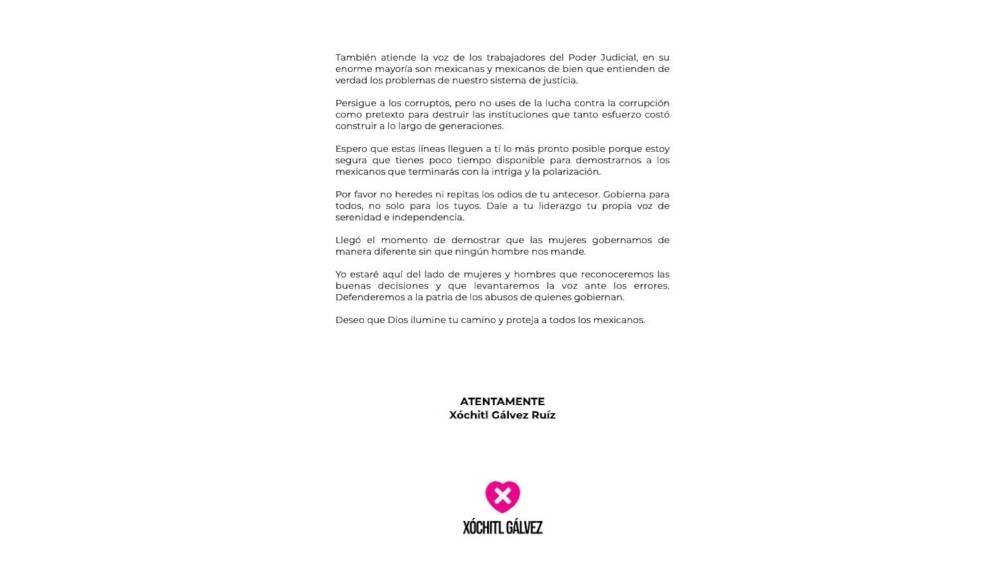 En la carta, Xóchitl solicita que no se hereden ni se repitan los odios del antecesor.