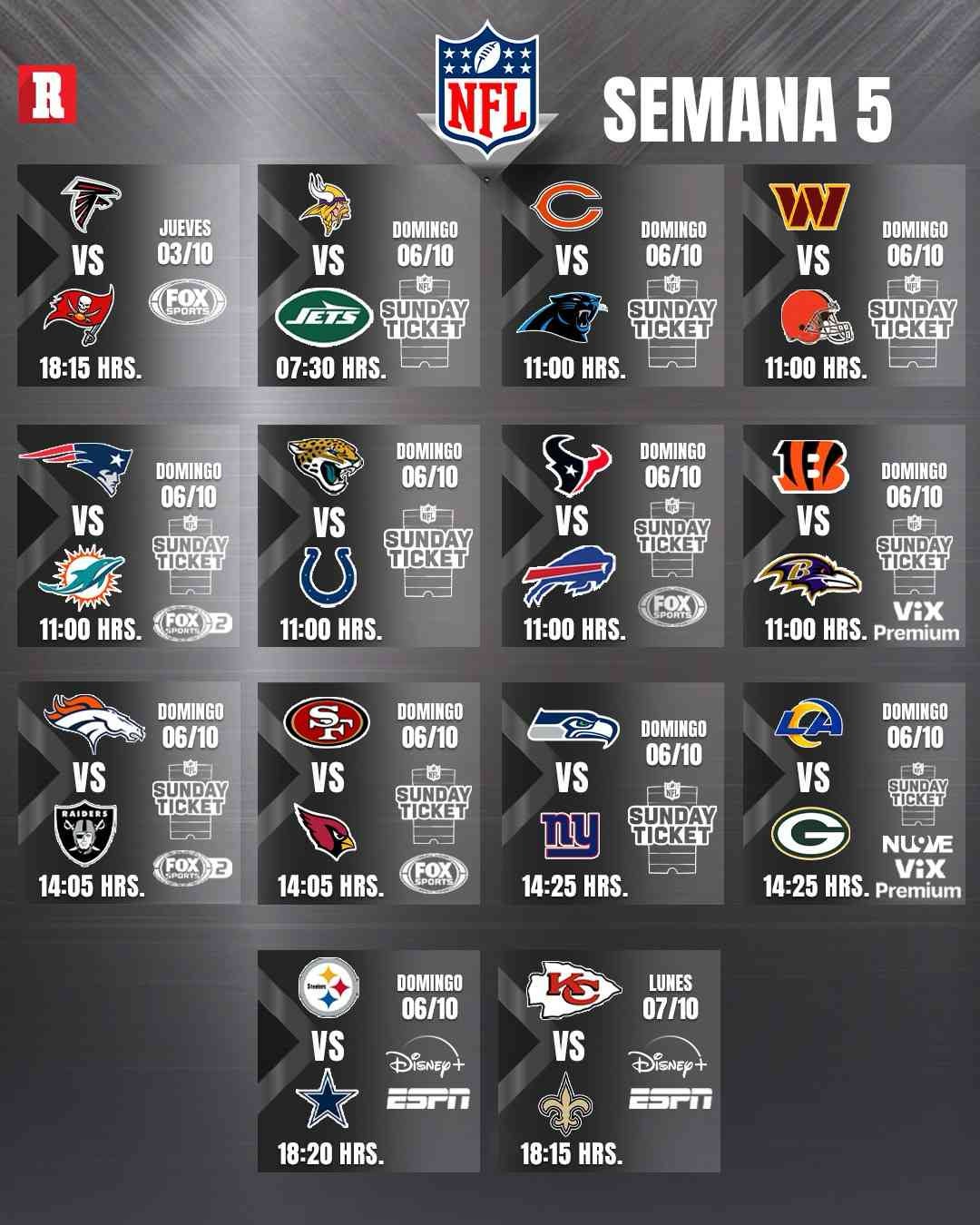 Así se jugará la semana 5 de la NFL