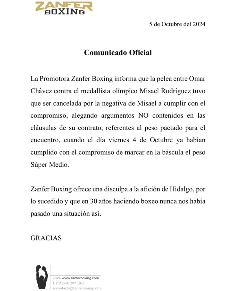 Así fue el comunicado de Zanfer Boxing