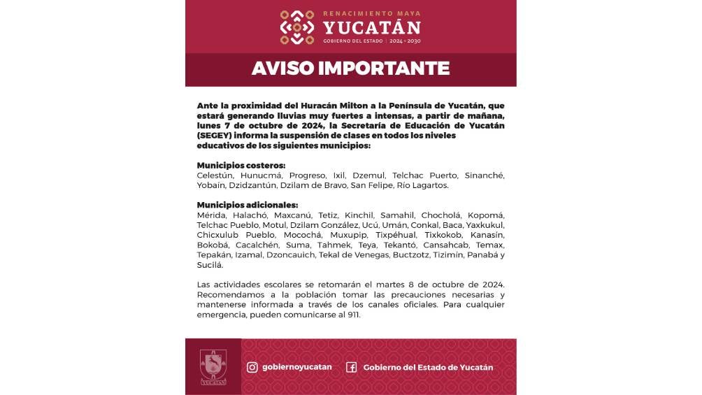 Debido al huracán Milton las clases en Yucatán se vieron afectadas. 