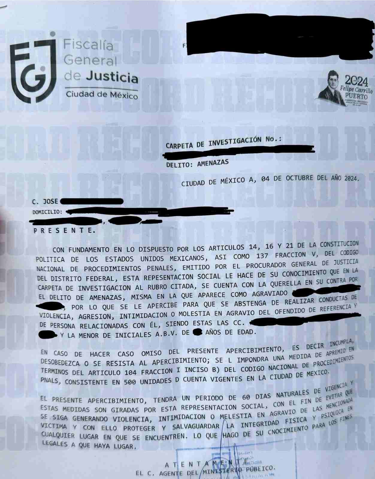 Documento con la acusación a José N