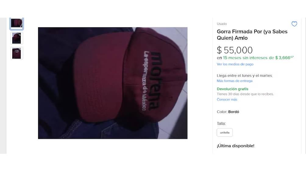 Se ha publicado la venta de una gorra supuestamente firmada por AMLO. 